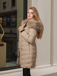 Women's Long Puffer Coat With Faux Fur Hood - Warm Winter Jacket. Style And Functionality. - Khaki - View 4