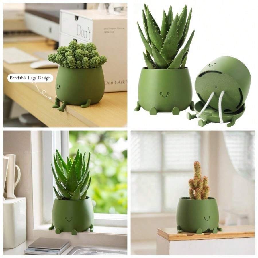 - Maceta de plstico de 5.2 pulgadas, maceta de riego automtico con agujeros de drenaje para interiores y exteriores, maceta suculenta, maceta divertida, verde oscuro - Verde oscuro - Ver 1