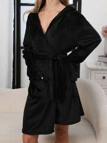 1pc Women Solid Color Hooded Waist Tie Plush Sleepwear Robe, Comfortable And Warm For Autumn/Winter, Fall