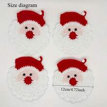 4pcs Handmade Crochet Santa Claus Coasters - Holiday Red & White Decor, Durable Fabric Drink Coasters, Christmas Table Decor, Christmas Decorations, Home Decor, Christmas Ornaments, Unique Fun Christmas Gift, Christmas Theme Party Decor, Soft Handcrafted Coasters, Great For Home, Office And Birthday Gifts - Multicolor - View 6