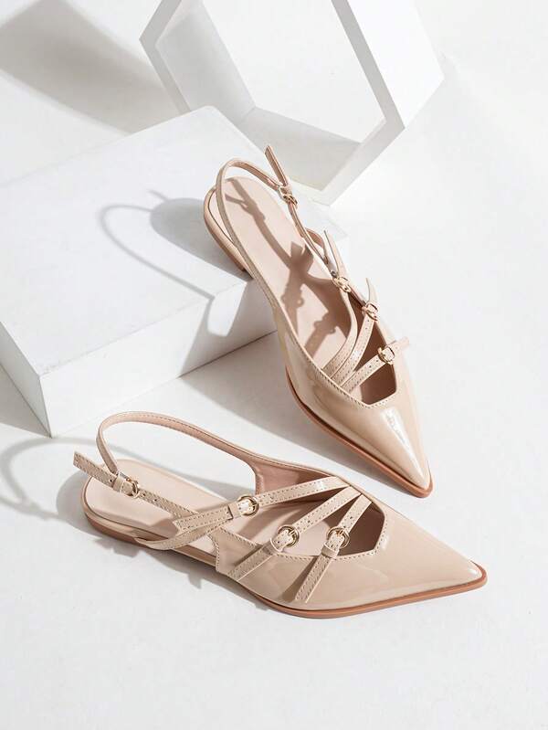 Women's Fashion Sexy Burgundy Pointed Toe Flats, PU Leather Multi-Strap Design Party Flat Shoes, Suitable For Wedding, Summer Outdoor Vacation