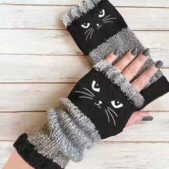 2pcs New Autumn And Winter Cat Embroidery Gloves, Retro, Warm, Fashionable, Open Finger Gloves, Thick Women's Casual Gloves, Suitable For Anyone, Warm Protective Gloves, Easy To Clean, Sturdy Material