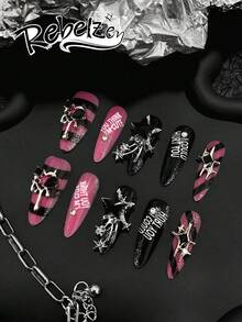 10 Pieces Press On Long Nails, Black And Pink Color Stripes Y2K Style Nails, Fake Nails, Black And Pink Color Stripes Nail Art Stripes Pattern Design, Hollow Heart Metal Jewelry, Four-Pointed Star Diamond And Accessories Nail Jewelry Black And Pink Color Nails Detachable Reusable Nail Supplies, Nail Powder, Nail Suitable For Girls, Ladies To Use In Weddings, Stage, Dance Party, Party Scenes, With A Piece Of Jelly Glue And A Piece Of Sanding