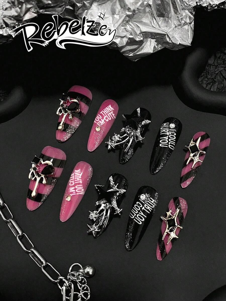 10 Pieces Press On Long Nails, Black And Pink Color Stripes Y2K Style Nails, Fake Nails, Black And Pink Color Stripes Nail Art Stripes Pattern Design, Hollow Heart Metal Jewelry, Four-Pointed Star Diamond And Accessories Nail Jewelry Black And Pink Color Nails Detachable Reusable Nail Supplies, Nail Powder, Nail Suitable For Girls, Ladies To Use In Weddings, Stage, Dance Party, Party Scenes, With A Piece Of Jelly Glue And A Piece Of Sanding
