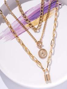 3pcs/Set Fashionable Retro Metal Chain Coin Badge, Lock Pendant Necklace Set For Women, Daily, Business, Casual, Party, Gift For Friends, Holiday & Birthday