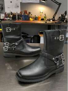 Men's Personalized Boots, New Motorcycle Western Style Buckle Side Zipper Holiday Street High-Top Leather Cowboy Boots, Gothic Style