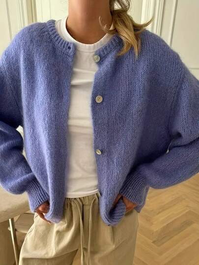 Plus Size Women Solid Color Drop Shoulder Long Sleeve Casual Knit Cardigan, Autumn/Winter