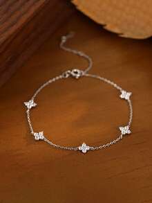 2pcs/Set 925 Sterling Silver Clover Cubic Zirconia Diamond Bracelet Necklace Jewelry Set, Suitable For Women & Girls, Lucky Clover For Daily Wear, Casual, Travel, Party, Collection, Comes With Elegant Gift Box - Multicolor - View 5