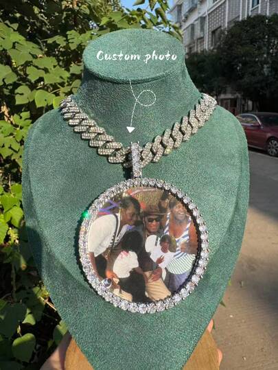 1pc Extra Large Customized Men's Hip Hop Photo Round Pendant Necklace, Brass Cubic Zirconia Shiny , Comes With 20-Inch Cuban Chain