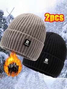 2 piezas Gorro de punto térmico forrado para hombre en invierno, gorro de punto a prueba de frío para ciclismo al aire libre con gran circunferencia de cabeza, gorro de esquí para ropa de invierno para hombres