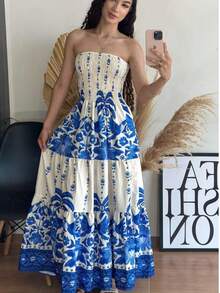 LONG SUMMER DRESS WITH TAMARA PRINT AND BLUE FALLING WITH ELASTEX - BLUE 1 - View 2