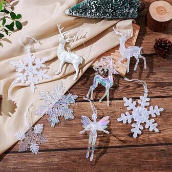 Adorno colgante de acrílico con copos de nieve y renos navideños, decoración del árbol de Navidad, arreglo de atmósfera de copos de nieve de cristal de hielo transparente