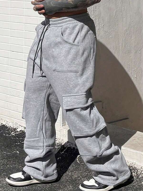 YINGHU Plus Size Men's Casual Drawstring Pants, Loose Fit Multi-Pocket Joggers For Spring/Autumn, Suitable For Fitness, Running, And Dates