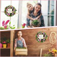 Coronas de Puerta para Primavera Y Verano, Corona de Flores Artificiales de 15.7 Pulgadas, Guirnaldas Decorativas Colgan con Bayas Artificiales, Flores Coloridas y Letrero de Welcome - 1 - Ver 7