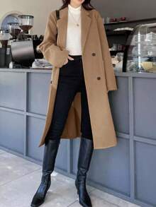 Women's Autumn Double Pocket Lapel Double Row Button Top Mid Length Jacket - Khaki - View 4