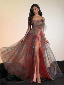 VIPGIRL Elegant Waist-Cinching Mesh Women's Evening Gown - Orange - View 3