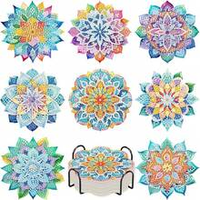 Set de 8 posavasos con diseño de flores y diamantes, posavasos brillantes con diamantes de imitación resistentes al calor con soportes, suministros de manualidades para posavasos DIY, suministros de artesanía de arte de diamantes artificiales, regalo - Multicolor - Ver 10