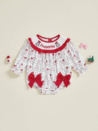 Baby Girl Bubble Romper Fashionable Christmas Tree Embroidery Smocked Long Sleeve Jumpsuit