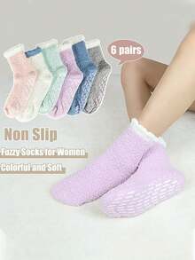 1/2/3 Đôi tất lông cừu san hô màu trơn ngẫu nhiên, tất lông dày, ấm áp dài đến giữa bắp chân dành cho phụ nữ sau sinh, khi ngủ, chống thấm nước, mặc trong nhà, mùa thu/đông - Nhiều màu - Xem 2