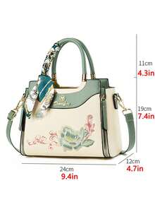 女士手提包三件套，优雅几何印花，人造革材质，包括手拿包和丝巾 - 綠色 - 查看 9