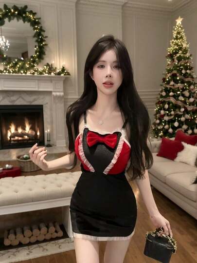 1pc Sexy Fitted Ruffle Splice Spaghetti Strap Dress, Low-Cut Hollow Out Contrast Color Bodycon, Suitable For Christmas, COSPLAY, Party, Performance, Stage Wear (Dress Only)