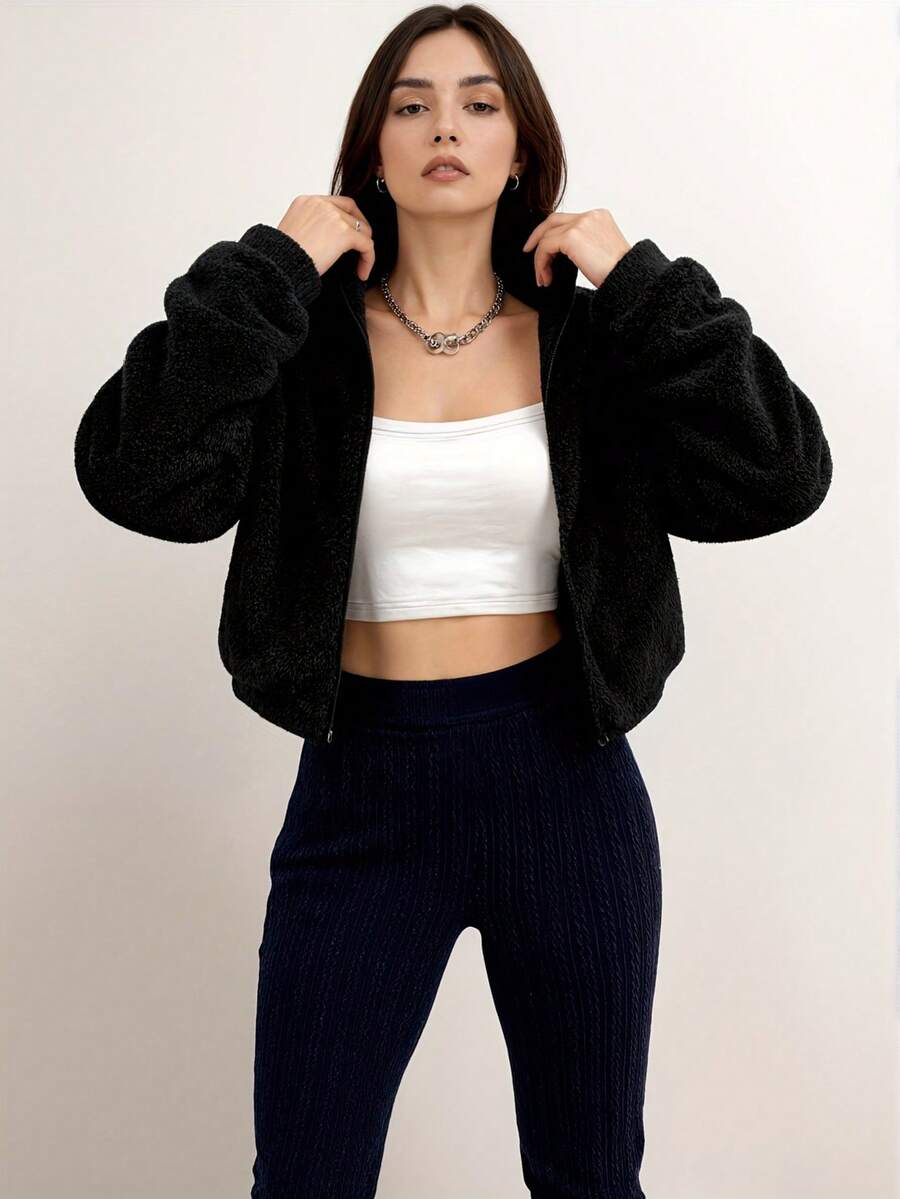 Damen Einfarbiger Reißverschluss Design Langarm Hoodie, Wintermantel für Frauen