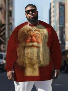 Divertida sudadera de cuello redondo de manga larga con estampado de Papá Noel para hombres de talla grande, top versátil y energético de talla grande de color rojo para Navidad
