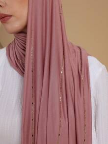 1pc Women's Plain Jersey Soft Headscarf, Rhinestone Decor, Casual Arabic Style Long Scarf, Conservative Solid Color, Suitable For Daily Use For Dress - Pink - View 3