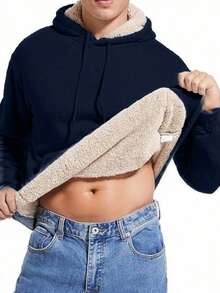 1pc Men's Sherpa Lined Hoodie Pullover, Thick & Warm For Winter, With Pocket - Navy Blue - View 3