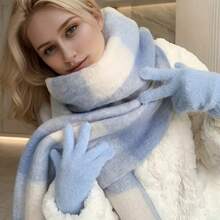 女士休闲户外大气百搭厚实保暖双面蓝白撞色围巾，秋冬