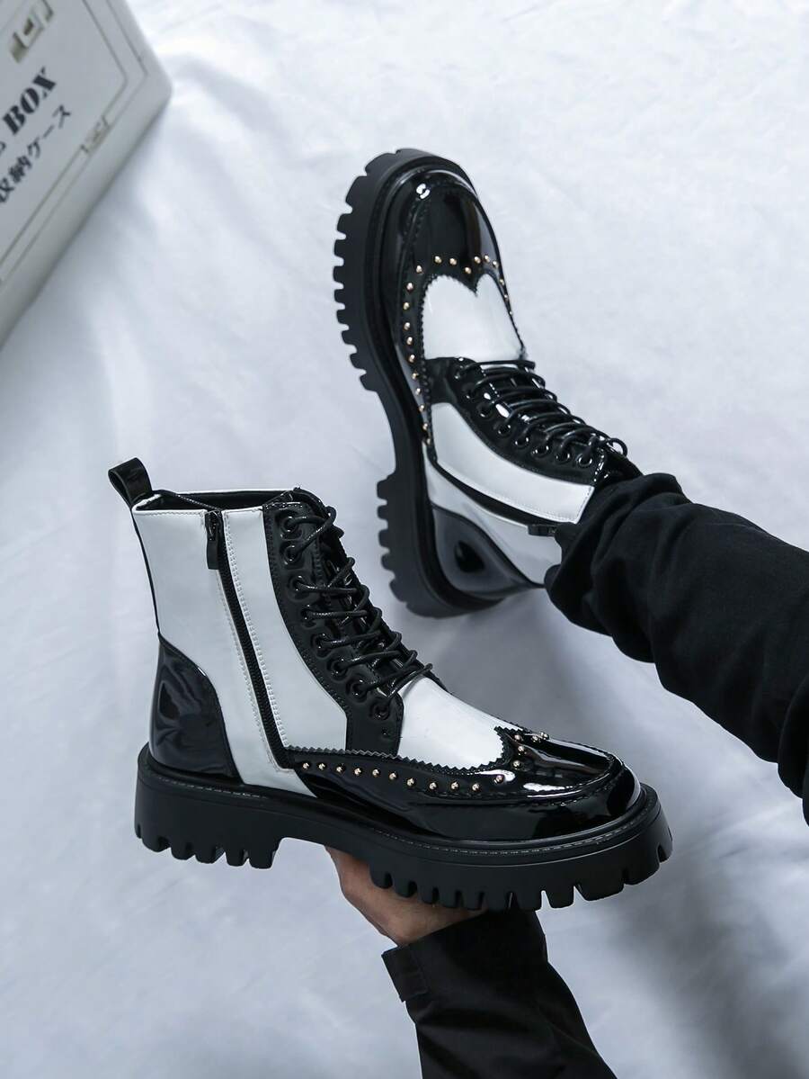 Chelsea Boots Men High-Top Leather Shoes Korean Version British Short Boots Hairstylist Leather Boots Black White Motorcycle Boots Business Formal Shoes Men's Fashion Leather Shoes British Pointed Toe Plus Size Groom Oxford Shoes Luxury Designer Thick Sole Boots Winter Boots Outdoor Gentleman High-Top Shoes - Black and White - View 1