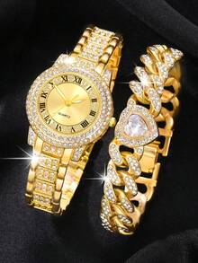 女士腕表套装，包含1枚镶嵌钻石和宝石的石英腕表和1条心形手链，适合日常佩戴、生日礼物、派对、节日以及送给自己或朋友。不含包装。 - 金色 - 查看 3