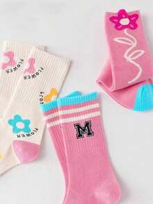4 Pairs Girls' Knee High Socks, Children's Casual Sports Socks For Spring, Autumn & Winter, Pink Color, Korean Style Striped Socks, Comfortable Soft Breathable, Suitable For Daily Casual, Sports, Back To School - Multicolor - View 3