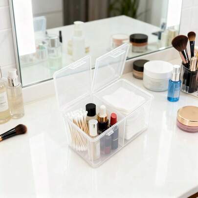 Caja de almacenamiento de plástico transparente de doble capa - Organizador multifuncional para brochas de maquillaje y herramientas de belleza, organizador de tocador y baño, hisopos de limpieza, caja de almacenamiento de cosméticos