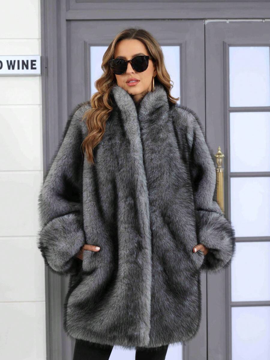 宽松大码带衬里的皮草大衣，卷起袖子和狐狸毛一体的冬季必备单品 - 灰色 - 查看 1