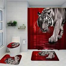 1/4 Tiger Pattern Shower Curtain Set With 12 Hooks, Non- Bathroom Floor Mats, Toilet U-Shaped Mats, Toilet Seat Mats, Bathroom Decorations, Bathtub Partitions Gift Modern Home Decor Home Good Pastel - 紅色 - 查看 7