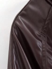 Solid Color Lapel Belt Short Faux Leather Windbreaker, Spring/Autumn - Brown - View 6