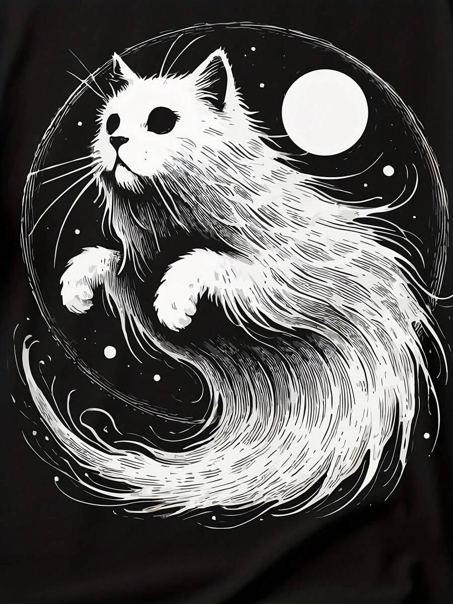 Cute Kitten T-Shirt, Ghost Kitten T-Shirt, Kitten T-Shirt With Moon Cute Ghost T-Shirt, White Kitten T-Shirt - 款式20 - 查看 1