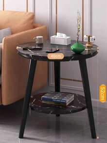 Coffee Table, Marble Style, Minimalist, Round, Wood, White Living Room - Black - View 3