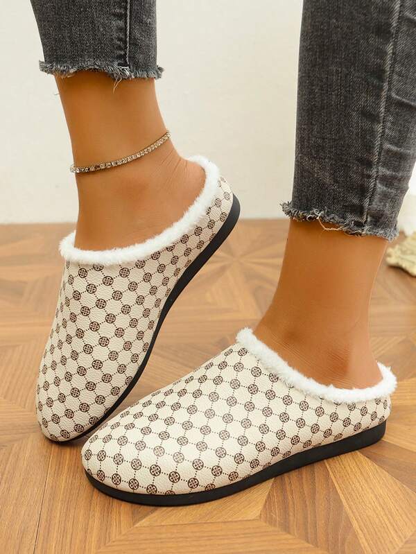 Women's Fashion Slip-On Preppy College Fleece House Slippers, Round Toe Printed Versatile Flat Shoes, Soft Skin-Friendly Flat Commuter Shoes, Autumn/Winter