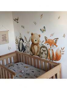 BRUP 1/2 Sheets Cute Animal Wall Stickers With Giraffe Badger Rabbit Bear Fox And Hedgehog, Removable Waterproof Nursery Decals For Kids Room Decor, Gentle Color Forest Friends Theme