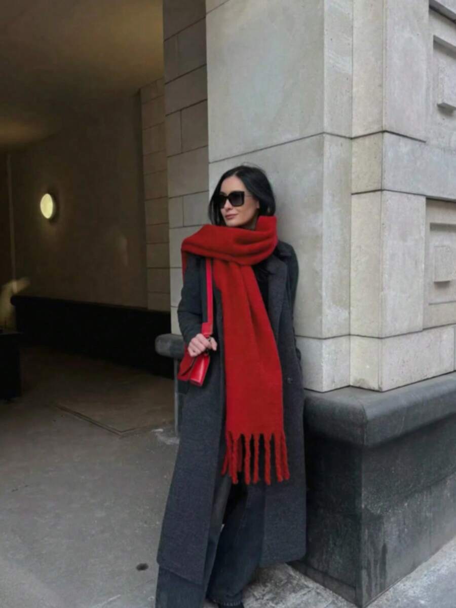 1条女士白色冬季流苏围巾，多功能，可作头巾、披肩或围巾佩戴，女士礼物，保暖防风，适合日常、旅行及其他场合。 - 紅色 - 查看 1