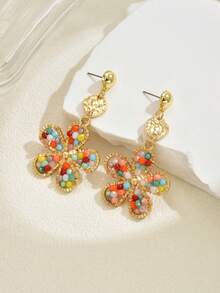 1 Pair Handmade Crystal Flower Drop Earrings, Candy Color Beaded 5-Petal Floral Earrings, Elegant High-End Artificial Crystal Flower Dangle Earrings, Suitable For Women's Daily, Vacation, Party Wear (Bead Color & Position Random)