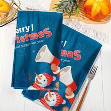 2PCS Christmas Kitchen Towels Snowman Christmas Greeting Pattern Print Fingertip Towel, Highly Absorbent, Quick Dry, Contemporary Style, Suitable For, Gym, Picnic, Travel, Winter Decor Gift
