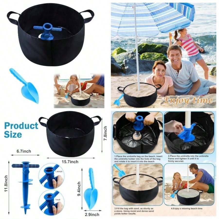 Bolsa de peso para sombrilla de playa con anclaje de, kit de base de paraguas de playa porttil para exteriores, accesorios fijos con pala, se adapta a la mayora de sombrillas de playa, - inicial - Ver 1
