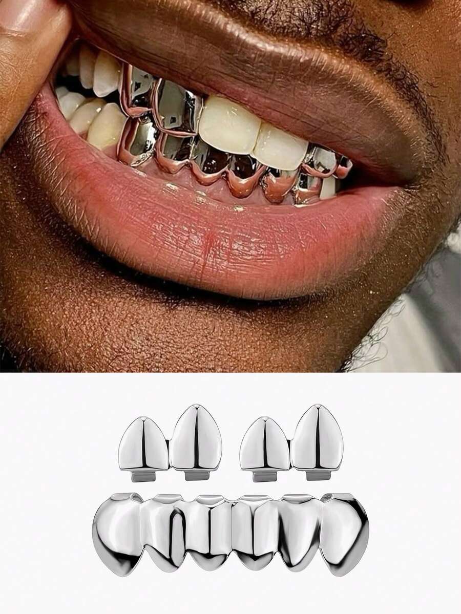 1 Set Classic Shiny Smooth Top Double Teeth & Bottom 6-Teeth Grillz, Personalized Hip Hop Teeth Jewelry Accessories