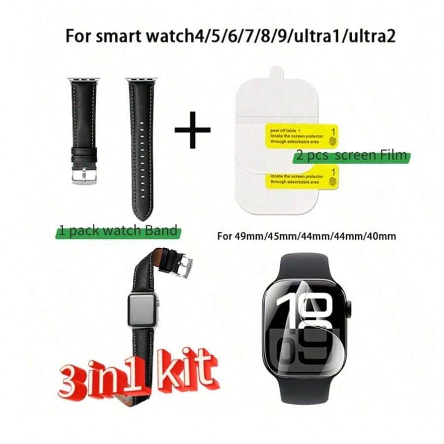 [3 In1 Kit] 2 Pcs TPU Film And 1 Pack Watch Band For 40mm/41mm/44mm/45mm/49mm Smart Watch4/5/6/7/8/9/Ultra1/Ultra 2 , [Flexible For Curved Screen] Full Coverage Bubble-Free - HD Clear & Self-Healing