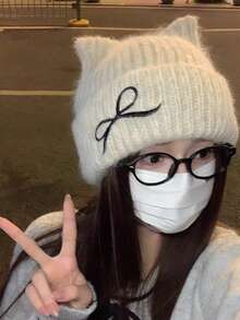 Gestrickte Damenmütze mit niedlichem Katzenohr-Design, warme Beanie-Mütze für Herbst/Winter