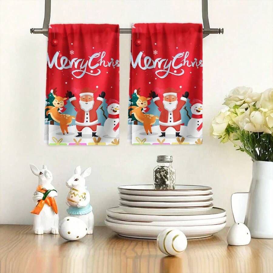 2PCS Christmas Kitchen Towels Merry Christmas Santa Reindeer Snowman Multifunctional Towels, Contemporary Style, Aesthetic Design, Highly Absorbent, Suitable For, Hotel, Travel, Picnic, Winter Decor Gift