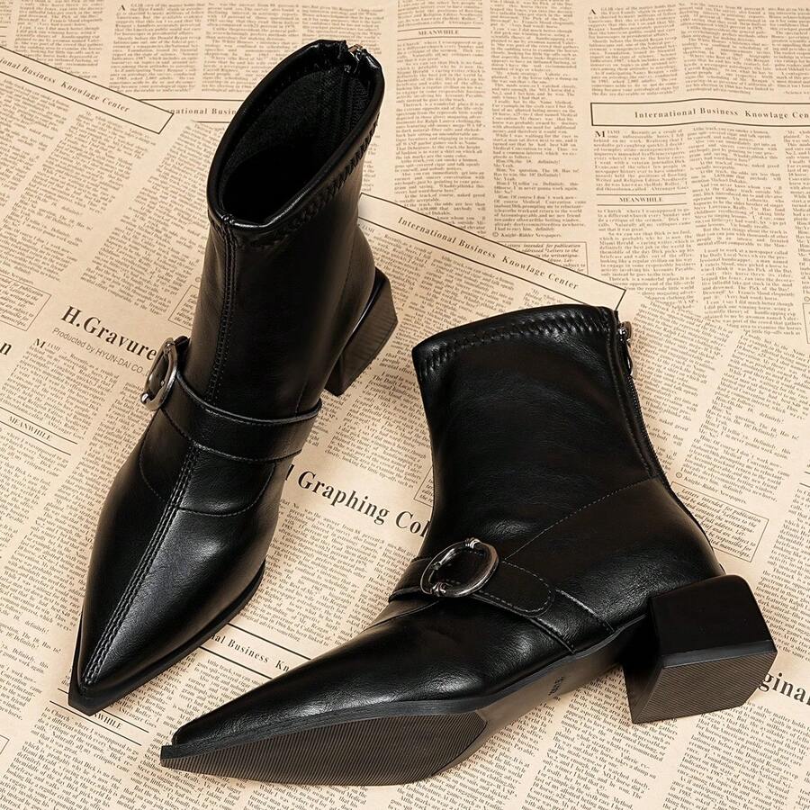 2025 New Autumn/Winter Pointed Toe Chunky Heel High-End Stylish Ankle Boots For Women, Chic French Ankle Boots - Black - View 1